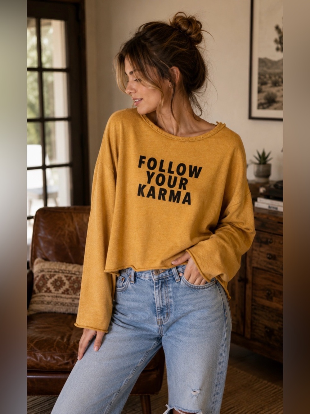 Zara Trafaluc “Follow Your Karma” Oversized Cropped Sweatshirt Size Large